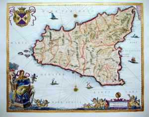 Mappa della Sicilia incisore Ioannem Ianbonium incisione del XVII secolo Formato cm. 76x57 (incisione cm. 50x40). Carta 100% cotone